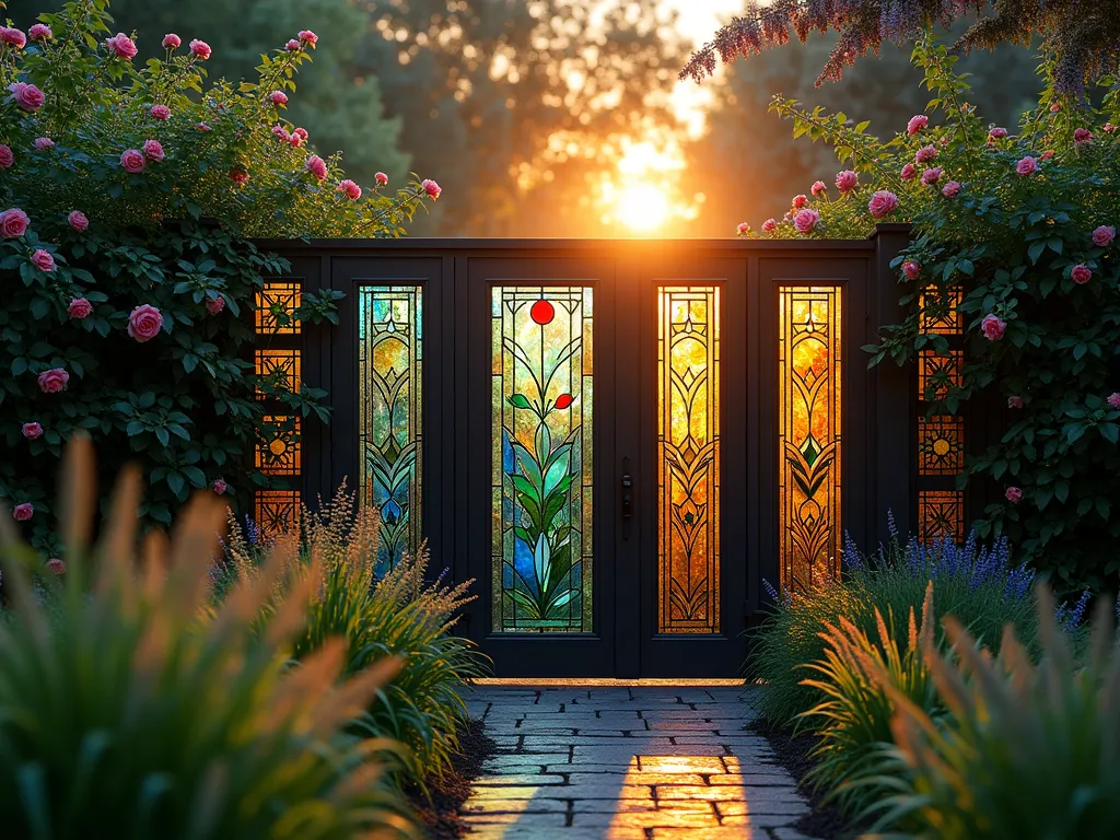 Enchanting Stained Glass Garden Fence - A stunning dusk photograph of a modern garden fence featuring elegant stained glass panels in jewel tones of sapphire blue, emerald green, and amber, backlit by the setting sun. The panels are artfully integrated into a dark wood fence design, creating magical light patterns across a lush garden path. Climbing roses and wisteria frame the fence, while ornamental grasses sway in the foreground. Shot with a wide-angle lens at golden hour, capturing the ethereal glow of light filtering through the glass panels, creating rainbow-like projections on the garden floor. The composition shows depth with strategic bokeh effects highlighting the interplay of light and shadow. Professional DSLR photo with pristine clarity and rich color saturation.