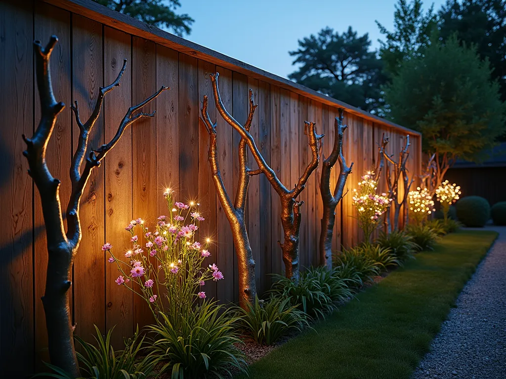 Ethereal Driftwood Fence Gallery - A twilight garden scene featuring a rustic wooden fence transformed into an artistic display, where artfully arranged driftwood branches painted in copper and silver metallic finishes create an enchanting sculptural installation. The pieces cast intricate shadows from subtle landscape lighting, while climbing moonflowers weave naturally between the sculptural elements. Shot at dusk with a wide-angle perspective at f/2.8, capturing the magical interplay of light and shadow across the dimensional artwork, with a soft bokeh effect in the background garden. The natural and metallic elements contrast beautifully against the weathered fence boards, creating a mesmerizing focal point in the garden space.