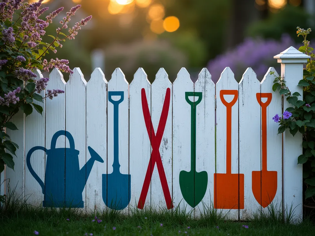 Garden Tool Silhouettes Fence Art - A close-up shot of a rustic white wooden fence at dusk, beautifully decorated with artistically painted silhouettes of garden tools in vibrant colors. The silhouettes include a vintage watering can in deep blue, crossed garden shears in bold red, a classic spade in emerald green, and a rake in warm orange, creating a striking contrast against the fence. Soft ambient lighting casts gentle shadows, while climbing jasmine vines frame the corners of the fence. A blurred cottage garden with lavender and roses provides a dreamy background. Shot with a 16-35mm lens at f/2.8, ISO 400, capturing the magical evening atmosphere and the artistic detail of the painted designs.