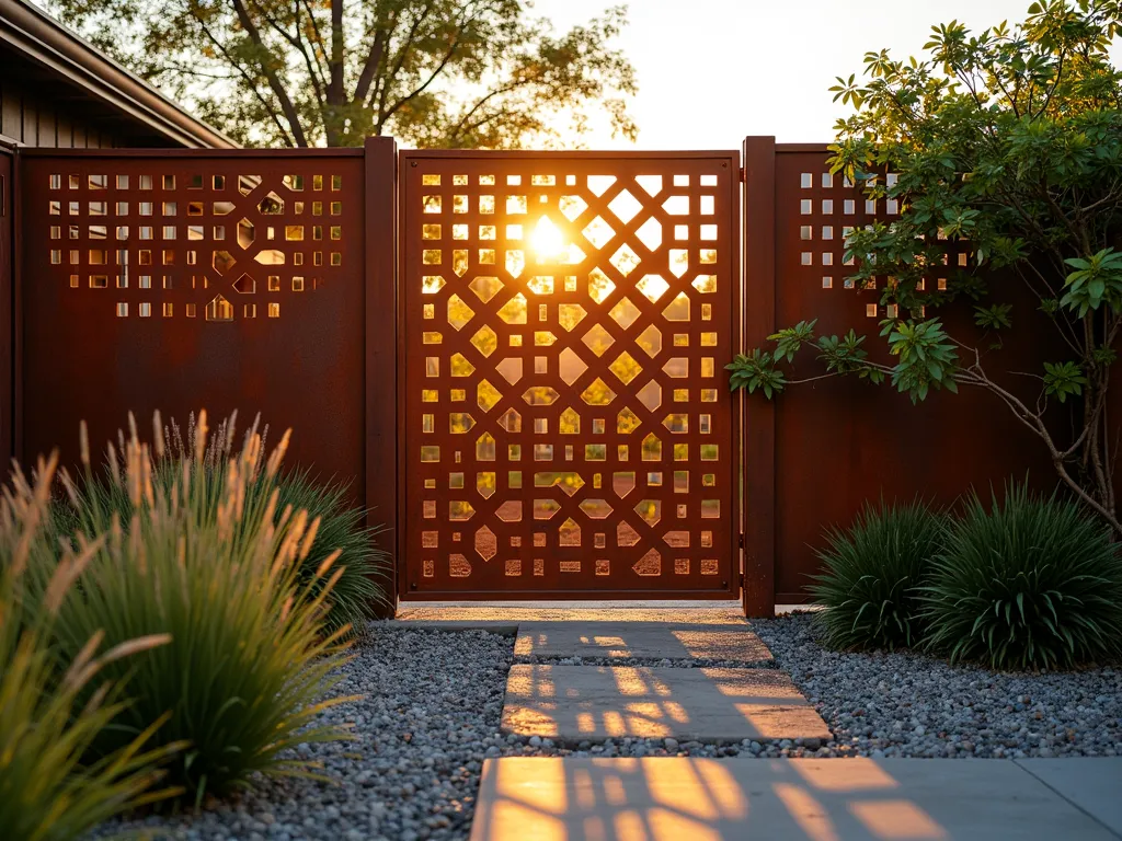 Modern Geometric Metal Garden Screen at Sunset - A stunning backyard scene at golden hour featuring a contemporary laser-cut metal fence panel with intricate geometric patterns. The 8-foot-tall weathered Corten steel panel displays overlapping hexagons and triangles, casting dramatic elongated shadows across a modern zen garden. The warm evening sun filters through the cutouts, creating a mesmerizing play of light and shadow on the smooth pebble ground below. In the foreground, ornamental grasses sway gently, while climbing jasmine begins to weave through the panel's edges. Shot from a low angle at f/2.8 to capture the depth and dimension of the shadows, with the metal's rich patina glowing in the sunset light. Industrial modern aesthetic with organic elements.