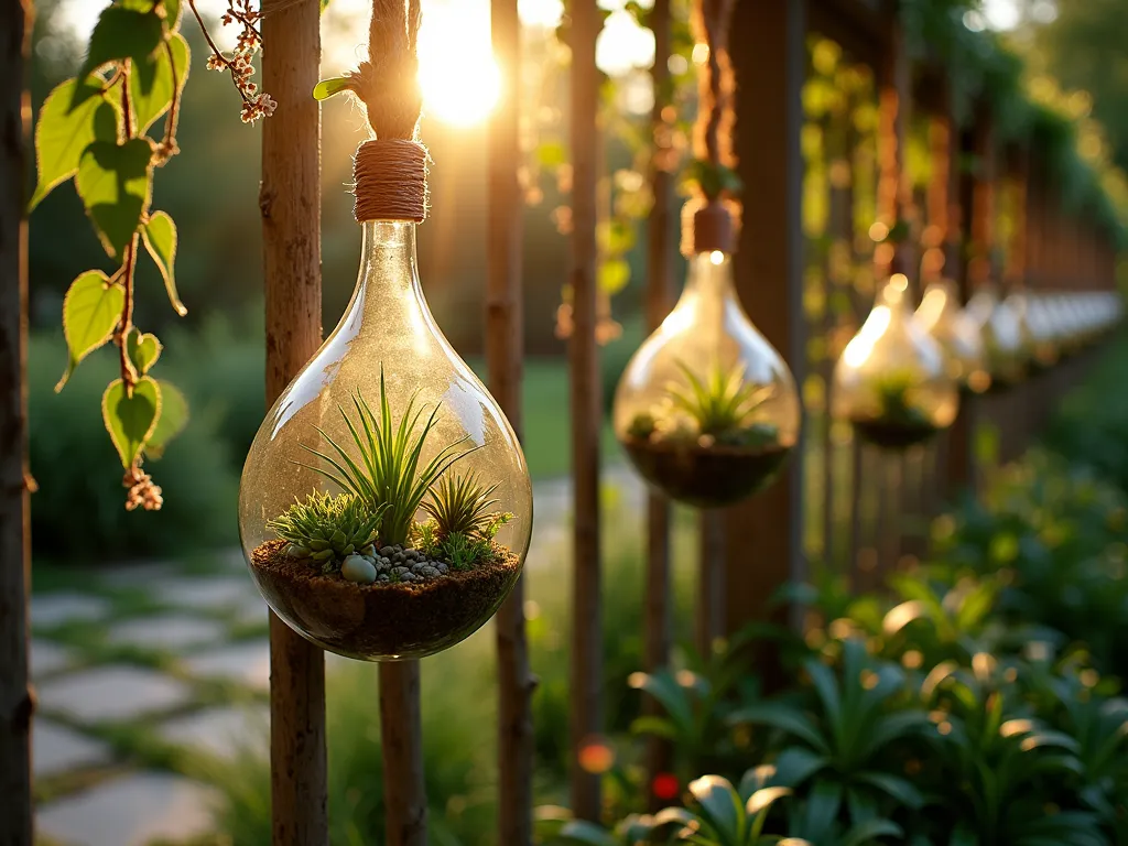 Enchanted Terrarium Fence Display - A stunning late afternoon garden scene featuring a rustic wooden fence adorned with an artistic arrangement of glass terrariums hanging at various heights. Each terrarium contains meticulously crafted miniature gardens with air plants, small succulents, and tiny ferns. Golden sunlight filters through the glass vessels, creating magical prisms of light across the fence. The terrariums are suspended by decorative copper wire and natural twine, while climbing jasmine weaves between them. Shot with shallow depth of field focusing on the centerpiece terrarium, with others softly blurred in the background. The scene is complemented by natural stone pavers below and lush garden foliage surrounding the display.