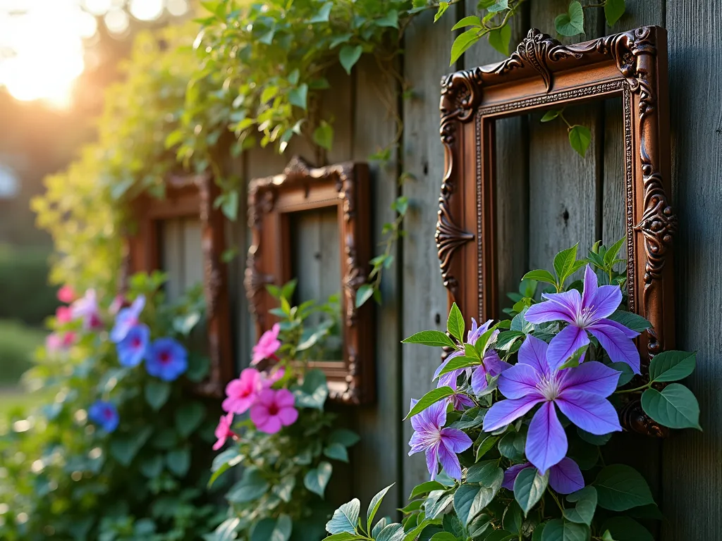 Living Frame Garden Art - Close-up view of a rustic wooden garden fence at golden hour, featuring three vintage-style ornate picture frames mounted at different heights. The frames are partially filled with lush climbing clematis and morning glory vines in full bloom, creating natural living artwork. Soft evening sunlight filters through the frames, casting artistic shadows on the fence. The largest frame contains purple clematis blooms, while smaller frames showcase blue morning glories and pink climbing roses. The frames are weathered copper and antique gold, complementing the natural wood fence. Dense green foliage spills organically around the frames, with tendrils reaching through and around the decorative borders.