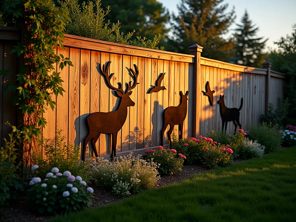 Dusk Garden Wildlife Silhouettes - A serene garden scene at dusk, photographed with a wide-angle lens, featuring a rustic wooden fence adorned with elegant metal silhouettes of local wildlife. The artistic cutouts include a graceful deer, soaring birds, and a curious fox, crafted from weathered steel with a rich patina finish. The setting sun casts dramatic, elongated shadows of the silhouettes across the fence and onto a bed of flowering perennials below. Soft landscape lighting illuminates the metal artwork, while climbing jasmine vines partially frame the scene. The composition captures the magical transition between day and night, with the metal wildlife silhouettes creating a mesmerizing interplay of light and shadow against the warm-toned wooden fence. Shot with a 16-35mm lens at f/2.8, ISO 400, capturing the rich golden hour lighting and subtle garden textures.