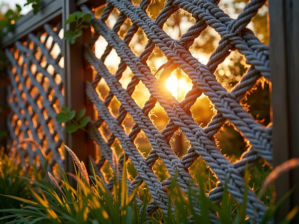 Nautical Rope Fence Art at Sunset - A close-up view of a modern wooden garden fence panel at golden hour, featuring an intricate geometric pattern created with thick white and navy blue marine-grade rope woven through the slats. The rope forms a mesmerizing nautical-inspired diamond pattern that casts dramatic shadows across the fence. In the foreground, ornamental grasses sway gently, while climbing jasmine begins to wind its way up the fence edges. The warm sunset light filters through the rope design, creating a stunning interplay of light and shadow. Shot with shallow depth of field, emphasizing the textural details of the rope against the rich wood grain. Professional photo captured with a digital camera, 35mm lens, f/2.8, ISO 400.