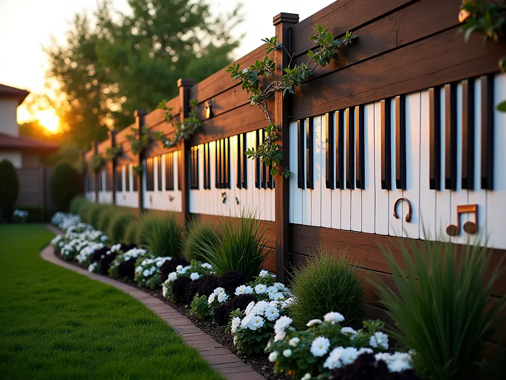 Piano Key Garden Fence Art - A stunning dusk photo of a modern backyard garden featuring a wooden fence painted with realistic black and white piano keys spanning its entire length, shot with a wide-angle perspective. Golden hour lighting casts warm shadows across the musical fence design, while climbing jasmine vines delicately weave between the keys. Metal musical note sculptures in copper and brass tones are artfully arranged along the fence, catching the evening light. Below, a curved flower bed follows the fence line, filled with white and black flowers including white petunias and black mondo grass, creating a harmonious continuation of the piano key theme. The scene is captured with professional DSLR photography, showing intricate detail and depth, with the fence as the striking focal point against a soft-focus garden background.