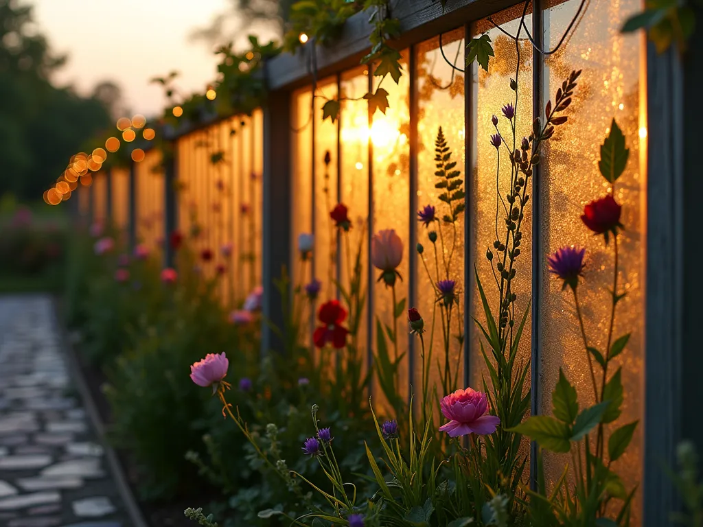 Luminous Pressed Flower Fence Panel at Sunset - A close-up view of an elegant garden fence featuring transparent acrylic panels with beautifully preserved pressed flowers and leaves. The panels are backlit by a warm sunset, creating a magical stained-glass effect. Native wildflowers, ferns, and maple leaves are artfully arranged within the panels, casting delicate shadows on the garden path below. The surrounding garden features climbing roses and lavender, while fairy lights intertwined along the fence add a magical evening ambiance. The scene is captured with a shallow depth of field, emphasizing the intricate details of the pressed botanicals while maintaining a dreamy, ethereal quality.