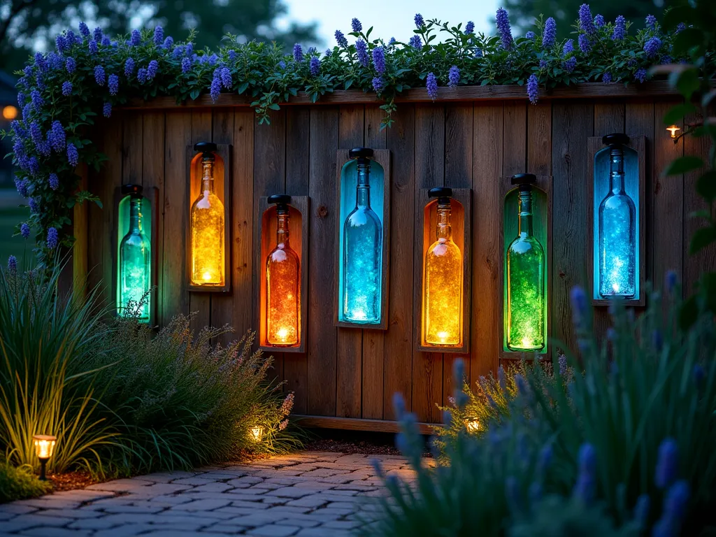 Magical Bottle Light Fence at Twilight - A dreamy garden scene at twilight featuring a rustic wooden fence with an artistic arrangement of colored glass bottles embedded in geometric patterns. The bottles - in deep blues, emerald greens, and amber hues - glow ethereally from solar lights positioned behind them, casting mesmerizing colored light patterns onto a peaceful garden path below. Climbing jasmine weaves between the bottles, while soft garden lights illuminate ornamental grasses and lavender bushes in the foreground. Shot from a medium-wide angle to capture both the fence's intricate detail and its relationship to the surrounding garden space, with a subtle bokeh effect enhancing the magical atmosphere.