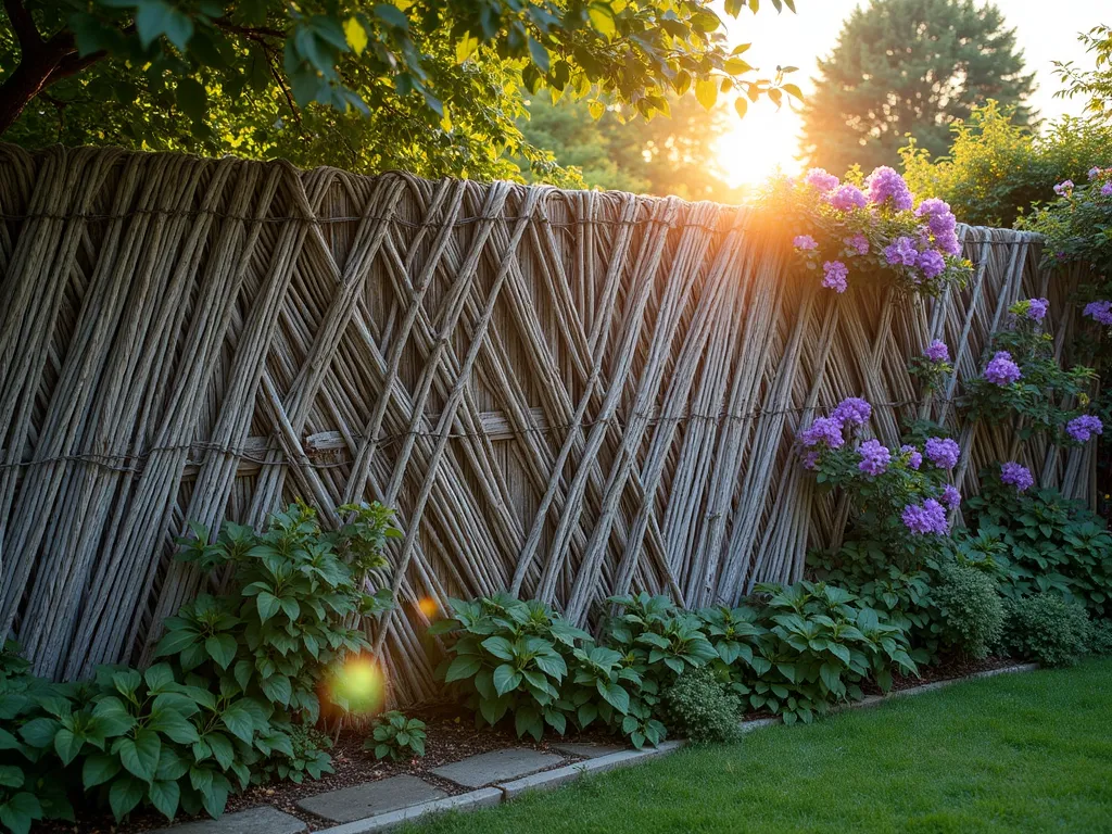 Rustic Willow Fence Weaving - A rustic garden fence photographed during golden hour, featuring intricate woven willow branches creating organic diamond and wave patterns across wooden fence panels. The weathered silver-gray willow branches interweave with vibrant purple clematis and climbing roses. Soft evening sunlight filters through the gaps in the weaving, casting delicate shadows on the garden path below. Shot at f/8 with a wide-angle lens to capture the full textural detail of the natural willow patterns and the way they harmonize with the climbing plants, creating a living wall effect. Dappled light emphasizes the dimensional quality of the weaving pattern while highlighting the rustic charm of the weathered willow.