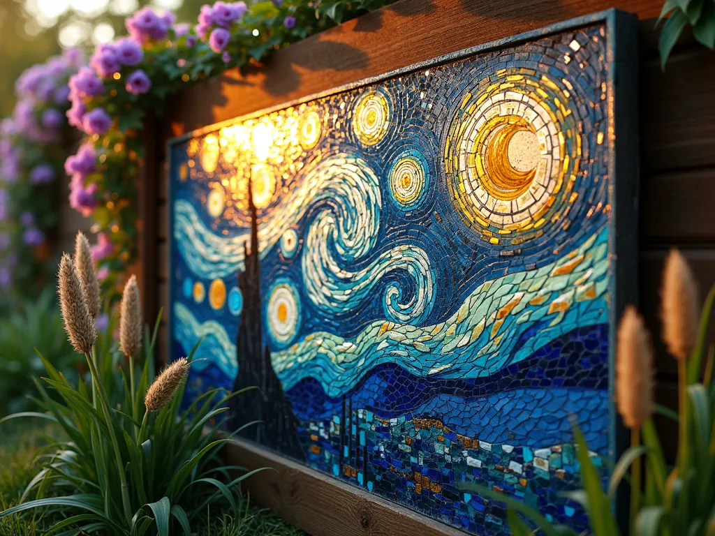 Sunset Mosaic Garden Fence - A close-up perspective of a wooden garden fence panel transformed into a stunning mosaic artwork, featuring a swirling pattern of broken ceramic tiles in blues, turquoise, and gold tones, interspersed with mirror pieces catching the warm light of sunset. The mosaic design creates an abstract flowing pattern reminiscent of Van Gogh's Starry Night. Purple clematis vines partially frame the mosaic, while ornamental grasses sway in the foreground. Golden hour sunlight reflects off the mirror pieces, creating magical light patterns in the surrounding garden space. The mosaic tiles transition from deep blues at the bottom to warm golds and oranges at the top, mimicking a sunset sky. Photorealistic, highly detailed, magical garden atmosphere.