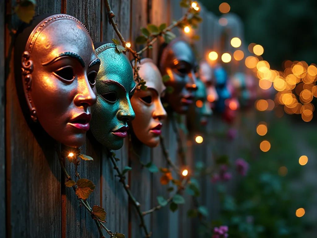 Theatrical Garden Fence Display at Dusk - A close-up shot of a weathered wooden garden fence at dusk, adorned with artistically arranged theatrical masks. The masks, varying in sizes from 12 to 24 inches, feature dramatic expressions and are crafted from weather-resistant materials. Some masks shine with metallic copper and bronze finishes, while others display bold jewel tones of emerald, sapphire, and ruby. Soft landscape lighting illuminates the masks from below, casting dramatic shadows on the fence. Climbing jasmine and moonflowers weave between the masks, adding organic movement. Shot with a 16-35mm lens at f/2.8, ISO 400, capturing the magical twilight atmosphere with bokeh effect in the background where garden lights twinkle softly.