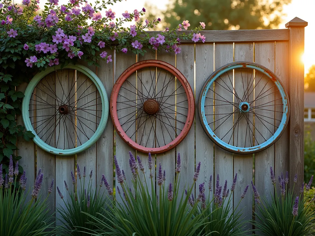 Vintage Bicycle Wheel Garden Trellis at Sunset - A rustic garden fence with three vintage bicycle wheels mounted vertically, photographed during golden hour. Purple clematis and pink climbing roses weave through the spokes of the wheels, creating a mesmerizing natural pattern. The wheels are painted in weathered pastel colors of mint green, coral pink, and turquoise blue, with some artistic rusting showing through. Soft sunset light filters through the wheels, casting intricate shadows on the wooden fence behind. The surrounding garden features lavender bushes and ornamental grasses at the base, shot in medium-wide angle to show the full composition against the backdrop of a cottage-style garden.