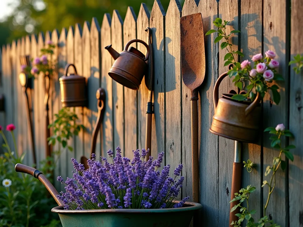 Rustic Garden Tool Fence Display - A close-up shot of a weathered wooden fence panel at golden hour, decorated with an artfully arranged collection of vintage garden tools. Antique copper watering cans, rusty hand trowels, and well-worn rake heads are mounted in a butterfly pattern, creating whimsical garden art. Climbing roses and ivy weave between the tools, while soft evening sunlight casts long shadows across the weathered wood, highlighting the patina of the vintage implements. The scene is captured with shallow depth of field, emphasizing the intricate details of the aged tools against the rustic fence backdrop. A vintage wheelbarrow filled with blooming lavender sits at the base, completing the nostalgic garden vignette.