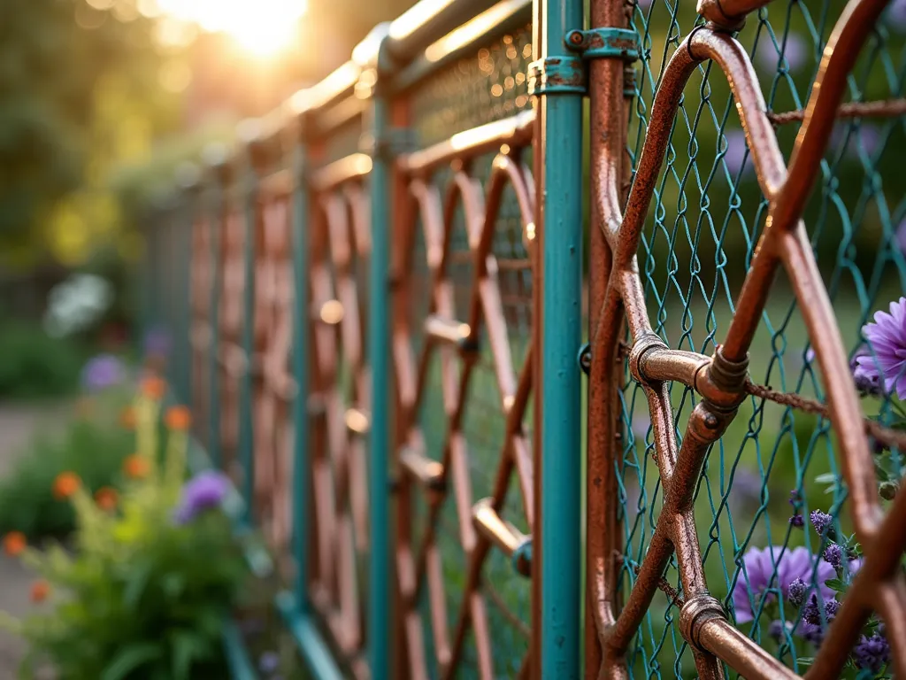 Artistic Copper Pipe Garden Fence - A close-up view of an elegant garden fence crafted from polished copper pipes arranged in a geometric pattern, with fine metal mesh panels seamlessly integrated between the frames. The copper has developed a natural verdigris patina on portions, creating a stunning contrast of turquoise and warm metallic tones. The fence borders a lush cottage garden with climbing roses and lavender, captured during golden hour when sunlight filters through the copper framework casting intricate shadows on the garden path below. Shot with shallow depth of field highlighting the artistic metalwork against the soft-focused botanical background. Professional DSLR photograph with perfect exposure showing the rich textural details and craftsmanship.