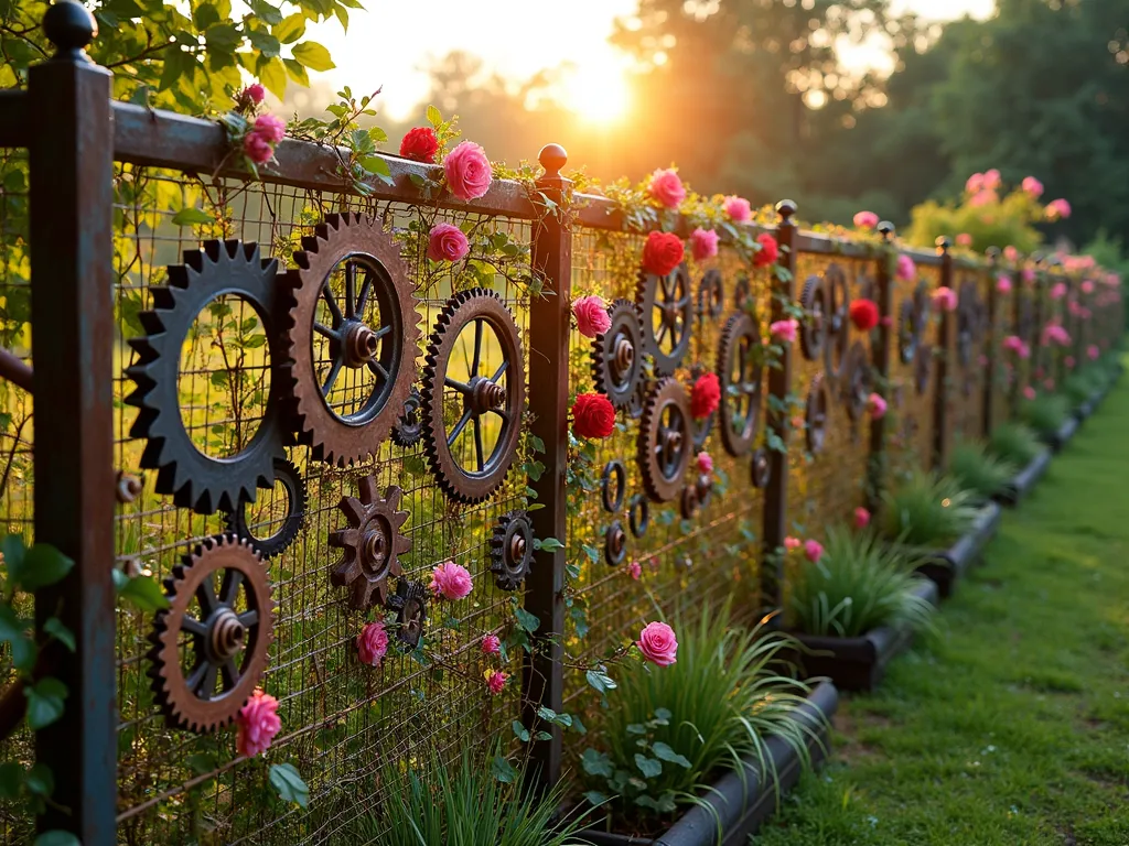 Artistic Recycled Metal Garden Fence - A stunning garden fence panel photographed during golden hour, featuring an intricate design made from recycled metal gears, bicycle parts, and industrial elements welded together into a beautiful artistic pattern. The 6-foot-tall fence section combines copper, steel, and brass elements with fine metal mesh seamlessly integrated between the decorative pieces. Ornamental climbing roses and jasmine weave through the metalwork, while the late afternoon sun casts dramatic shadows across a well-maintained cottage garden. Shot with a wide-angle lens to capture the full artistic impact, with soft bokeh effect in the background showing raised vegetable beds protected by the unique fence. Professional DSLR photograph with crisp detail highlighting the rustic patina and metallic textures.