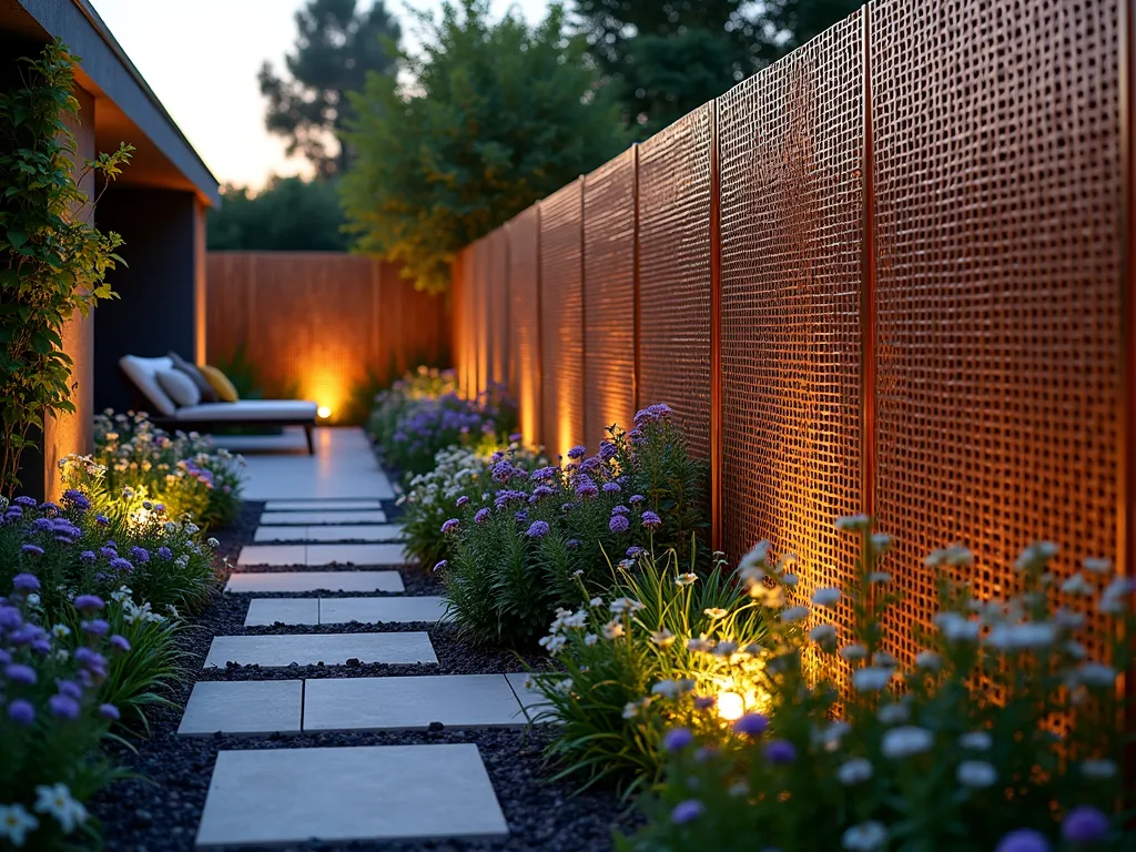 Artistic Woven Metal Garden Fence - A stunning, wide-angle dusk shot of a modern garden featuring an artistic woven metal mesh fence panel with intricate geometric patterns. The 4-foot-high copper-toned metal fence catches the golden hour light, creating mesmerizing shadows on the garden path. Dense flowerbeds of purple salvias and white echinacea line both sides of the fence. The metal mesh features an abstract wave pattern that adds contemporary flair while maintaining tight spacing to prevent rabbit entry. LED garden lights illuminate the fence from below, highlighting its artistic weave pattern. The background shows a modern patio space with minimalist furniture, while climbing jasmine begins to intertwine with the top portion of the fence.