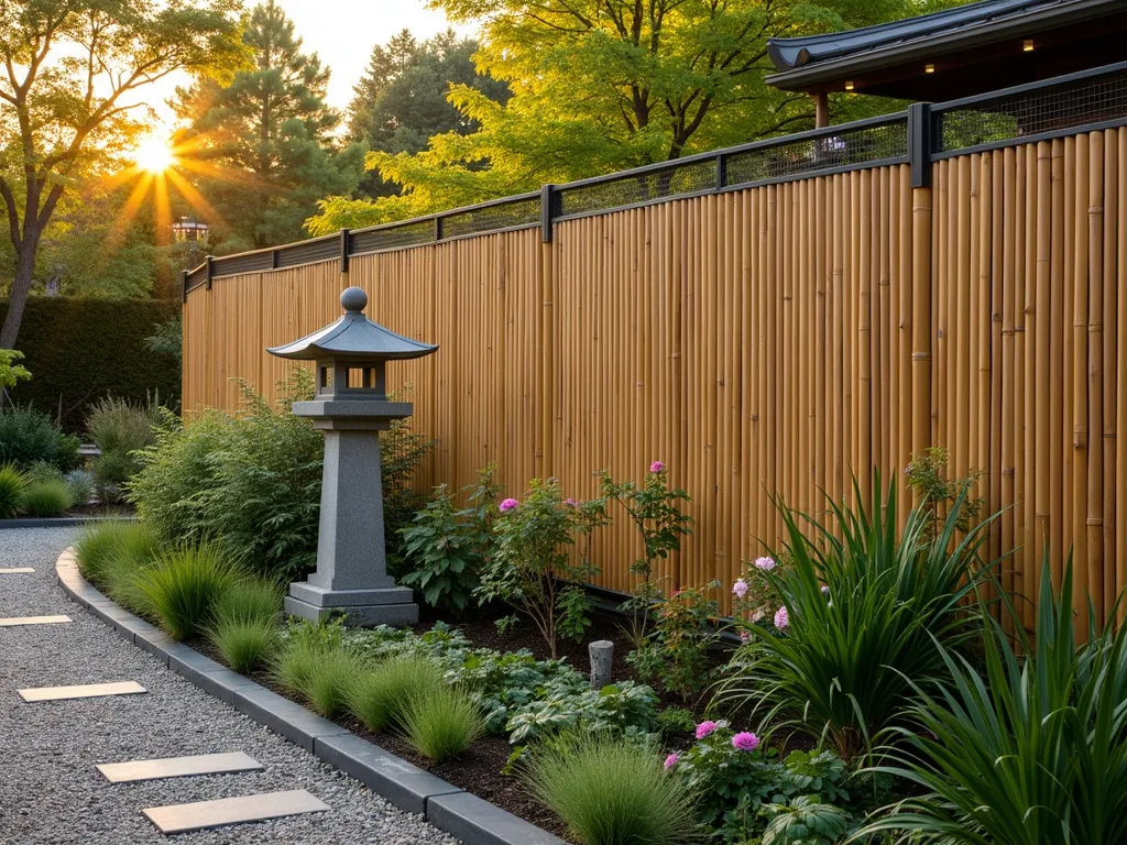 Asian-Inspired Bamboo Roll Garden Fence - A serene garden scene at golden hour showing an elegant bamboo roll fence mounted on a sleek metal base, photographed at a 45-degree angle. The 4-foot-tall natural bamboo rolls create a harmonious border against a backdrop of Japanese maple trees and ornamental grasses. The industrial-modern metal base, visible at ground level, extends underground with protective mesh. Soft evening light filters through the bamboo slats, casting graceful shadows on a zen-style gravel path. Close-up detail shows the secure mounting system where bamboo meets metal, highlighting the fence's dual functionality as both protection and aesthetic element. Several flowering plants and vegetables grow safely behind the barrier, while a stone lantern adds authentic Asian garden ambiance.