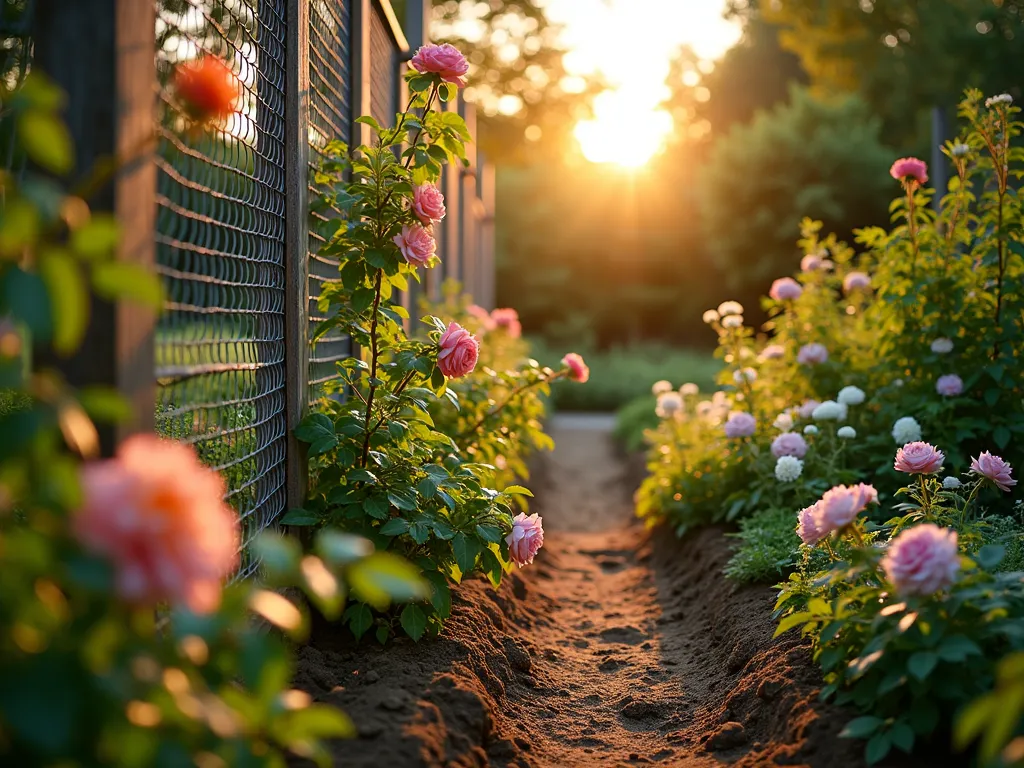 Buried Wire Mesh Garden Barrier at Sunset - A professional DSLR wide-angle shot of a well-maintained cottage garden protected by a 36-inch galvanized wire mesh fence at golden hour. The fence features clean lines and 1-inch hexagonal openings, with visible buried portion along a freshly dug trench. Climbing roses and flowering vines gracefully intertwine with the mesh, creating a natural aesthetic. The low-angle perspective captures the fence's integration with lush vegetable beds and flowering perennials. Warm sunset light filters through the mesh, casting intricate shadows on the garden path. The galvanized finish gleams subtly against the backdrop of blooming flowers and dense foliage, demonstrating both security and visual appeal. Shot at f/8, ISO 100, with natural lighting emphasizing the fence's protective yet aesthetic qualities.