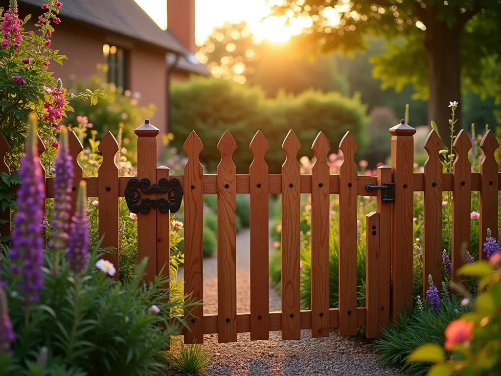 Classic Cedar Picket Garden Fence with Protective Mesh - A stunning dusk photograph of a classic cedar picket fence protecting a thriving cottage garden. The warm golden light illuminates the natural red-brown tones of the cedar pickets, creating a welcoming traditional aesthetic. The 4-foot-tall fence features evenly spaced pickets with decorative pointed tops, while discreet hardware cloth mesh is visible between the pickets, adding subtle security. Blooming foxgloves, lavender, and climbing roses soften the fence line, while a gravel path leads deeper into the garden. Shot at f/2.8 with selective focus highlighting the fence's craftsmanship, creating a dreamy bokeh effect on the garden beyond. Natural vignetting draws attention to the fence's dual-purpose design of beauty and functionality.