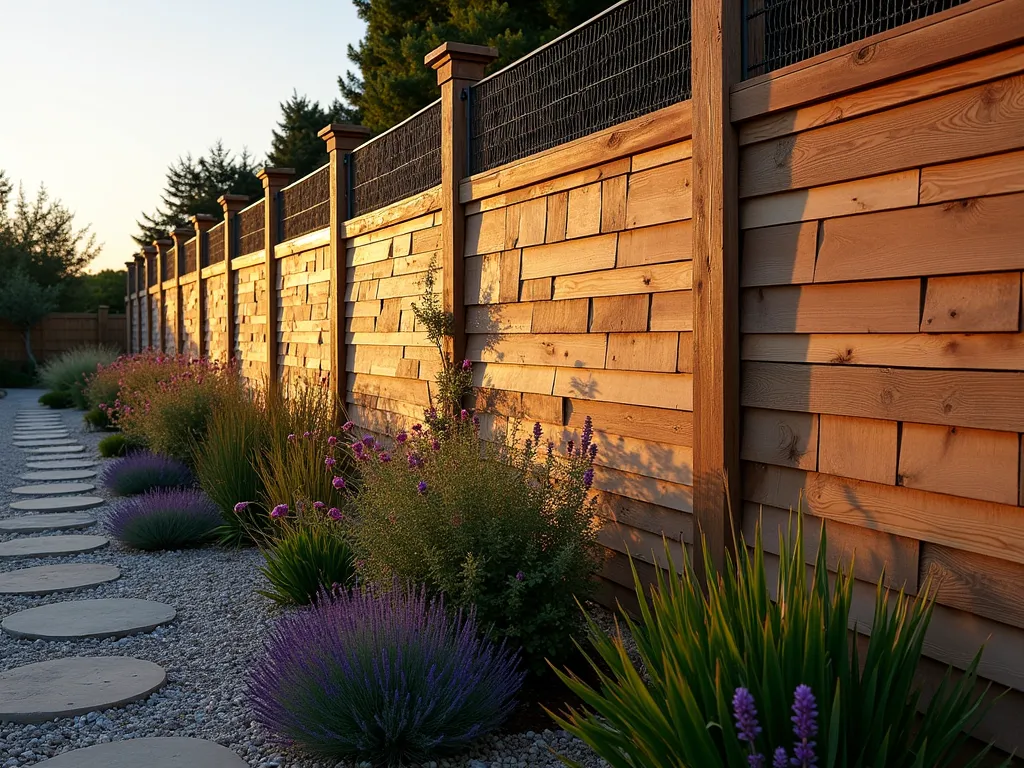 Coastal Cedar Shingle Garden Wall - A stunning dusk photograph of an elegant cedar shingle garden wall with overlapping patterns, captured with a 16-35mm lens at f/2.8, ISO 400. The wall features weathered cedar shingles in a cascading arrangement, backed by subtle black mesh for rabbit protection. Coastal ornamental grasses and lavender sway in the foreground, while climbing roses weave through decorative iron wall brackets. Golden hour sunlight casts long shadows across the textured surface, highlighting the natural wood grain. A stone path winds along the base, bordered by maritime plants and crushed seashells. Shot from a low angle to emphasize the wall's craftsmanship and coastal character.