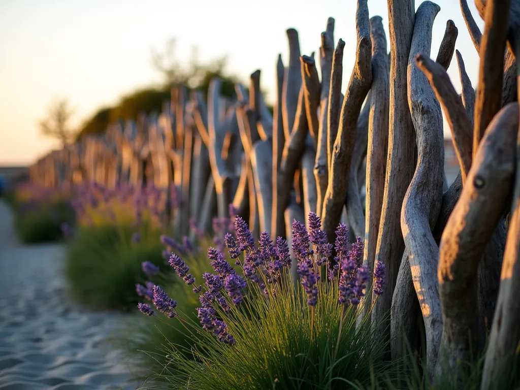 Coastal Driftwood Garden Fence at Sunset - A stunning garden fence made from weathered driftwood pieces artistically arranged in a staggered pattern, backlit by warm sunset light. Fine protective mesh is subtly integrated between the sculptural driftwood elements. The 6-foot-tall fence creates a natural coastal barrier, with beach grass and flowering sea lavender softening its base. Captured in golden hour with a wide-angle perspective showing the fence's flowing curved design. Soft bokeh effect in background reveals glimpses of protected garden beds. Artistic composition emphasizes the organic textures and sun-bleached tones of the driftwood against a dusky blue sky.