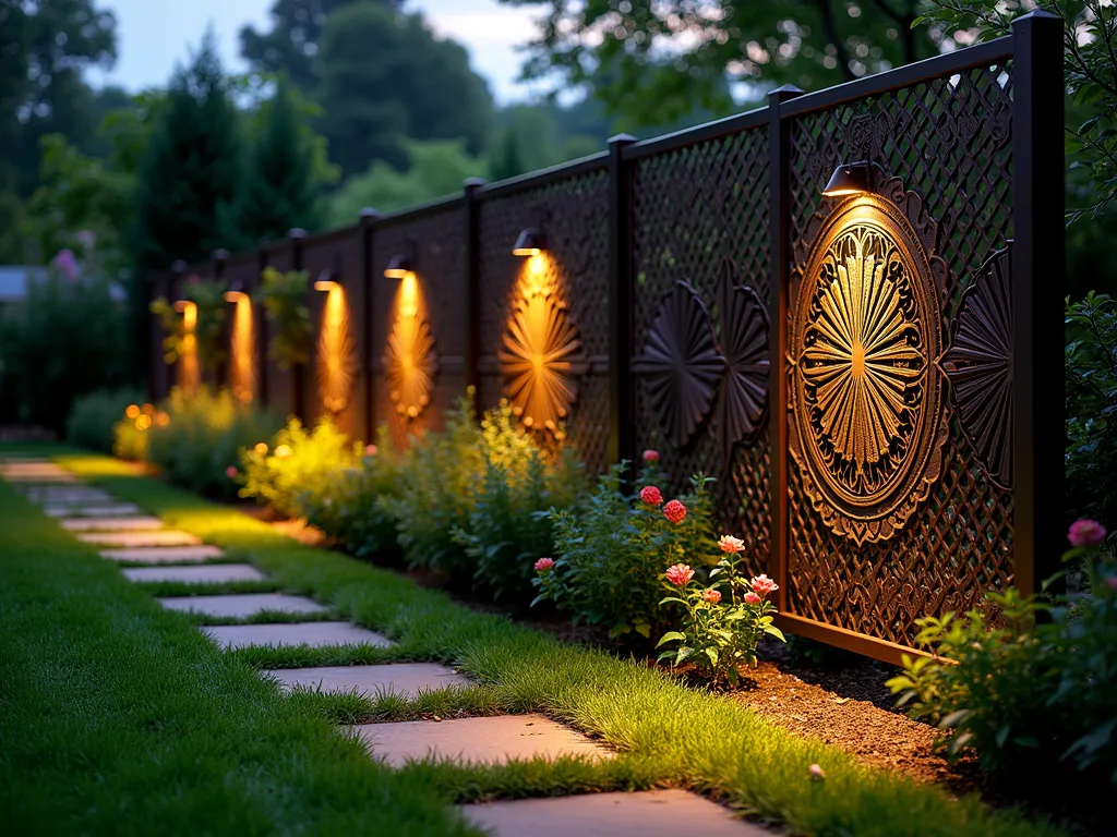 Modern Laser-Cut Metal Garden Panel at Twilight - A stunning twilight scene of a modern garden featuring an elegant 6-foot-tall laser-cut metal fence panel system in dark bronze powder coating. The intricate geometric pattern casts dramatic shadows on a lush garden path, illuminated by warm landscape lighting. The panel's sophisticated floral and mandala designs create a mesmerizing interplay of light and shadow across well-manicured lawn and flowering borders. A close-up perspective captures the detailed metalwork against a backdrop of ornamental grasses and climbing roses, with soft bokeh effects from garden lights. Shot with natural evening light complemented by subtle garden illumination, emphasizing the fence's dual role as both protective barrier and artistic garden feature. DSLR photography, wide-angle lens, f/8, ISO 100, 1/125s