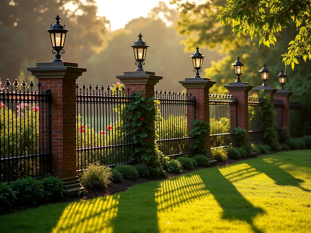 Elegant Brick and Iron Garden Fence - A sophisticated garden fence featuring stately red brick pillars connected by ornate wrought iron panels with fine mesh backing, photographed during golden hour. The 6-foot fence frames a lush English garden with climbing roses. Decorative iron scrollwork adds Victorian charm while the professional mesh integration ensures rabbit-proof protection. Wide-angle shot showcasing the fence's sweeping curve, with soft evening light casting long shadows across a manicured lawn. Brick pillars topped with classical stone caps, while Boston ivy gracefully climbs select sections of the brickwork. Traditional copper lanterns mounted on main posts provide ambient lighting.