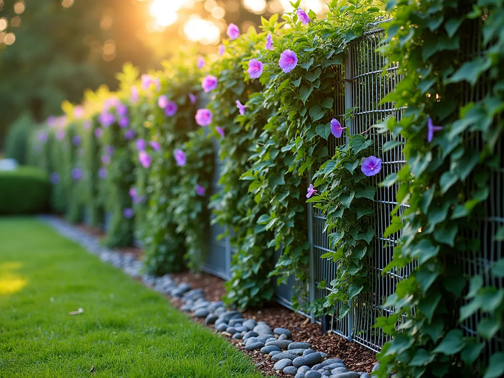 Living Wall Mesh Fence with Flowering Vines - A stunning garden living wall barrier photographed during golden hour, featuring a 6-foot tall galvanized wire mesh fence completely transformed by lush climbing plants. Morning glory vines with vibrant purple blooms, emerald green ivy, and climbing jasmine create a natural tapestry against the silver mesh structure. Captured from a 45-degree angle to show both depth and height, with soft evening sunlight filtering through the foliage. The base shows sturdy installation with decorative natural stones and fresh mulch. Sharp focus on the interweaving of plants and mesh, while a blurred cottage garden backdrop adds depth. The dense vegetation coverage clearly demonstrates effective rabbit protection while maintaining aesthetic appeal. Professional DSLR shot with natural lighting highlighting the varied textures and creating shadow play through the living wall. Shot at f/8, ISO 100, 1/125 sec.