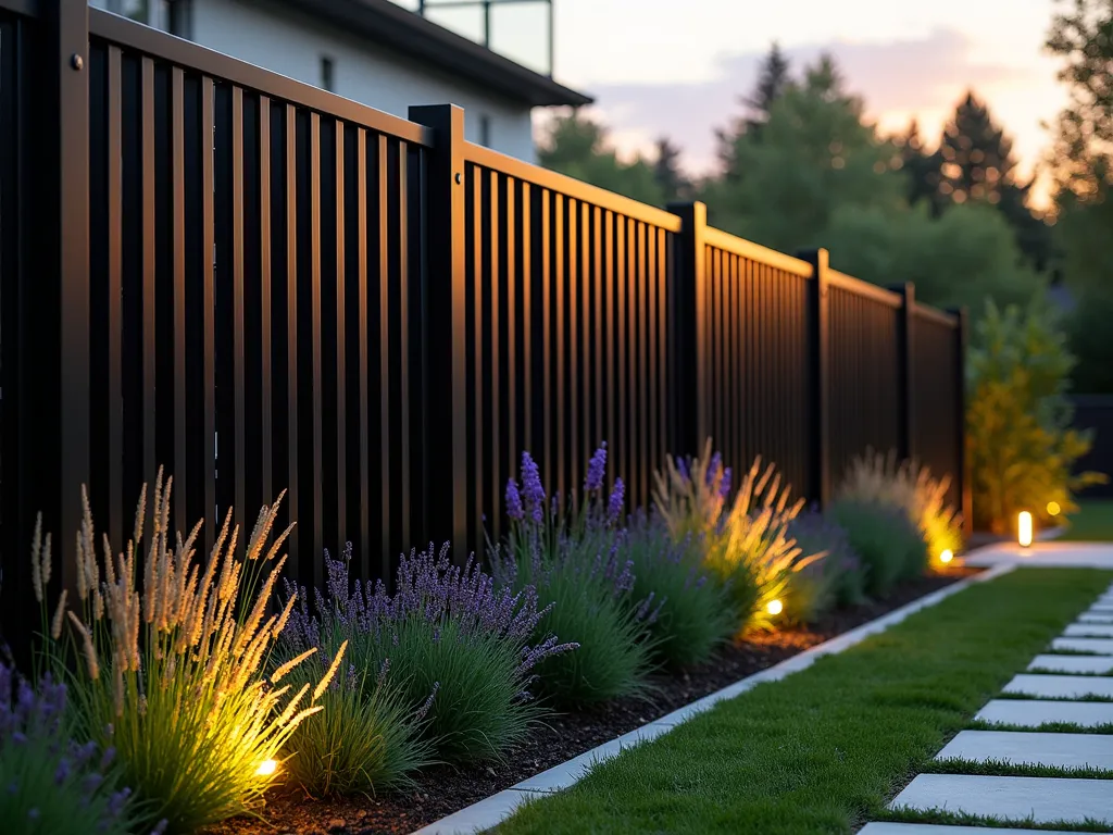 Modern Black Aluminum Fence with Garden Border - A stunning dusk photograph of a modern black aluminum slat fence in a contemporary garden setting. The 4-foot tall vertical slats are precisely spaced 1-inch apart, creating elegant shadows on a manicured lawn. The fence's clean lines are softened by a border of ornamental grasses and lavender. Golden hour lighting casts long shadows through the slats, while modern landscape lighting illuminates key garden features. The wide-angle composition showcases the fence's integration with raised garden beds and a minimalist concrete pathway. Dewdrops on nearby plants catch the warm evening light, adding sparkle to the scene. Shot with shallow depth of field emphasizing the fence's sleek industrial design against a bokeh background of garden foliage.