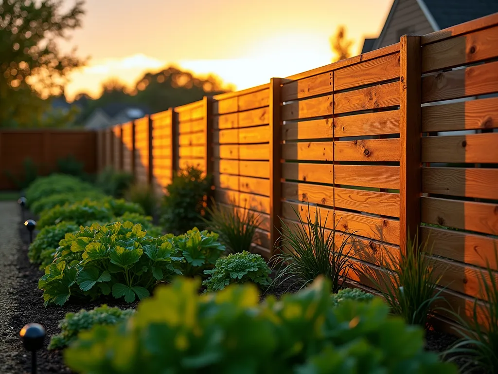 Modern Composite Garden Fence at Sunset - A professionally composed photograph of an elegant composite slat fence in warm cedar tones protecting a lush vegetable garden at golden hour. The modern fence features sleek horizontal slats with precise 1-inch gaps, casting dramatic shadows across a well-maintained garden bed filled with leafy vegetables. The low-angle perspective emphasizes the fence's 6-foot height against a warm sunset sky, while ornamental grasses and climbing vegetables add visual interest. Natural lighting highlights the wood-like texture of the composite material, with strategic depth of field showing both fence detail and garden context. Small garden lights illuminate the base of the fence, creating a cozy atmosphere.