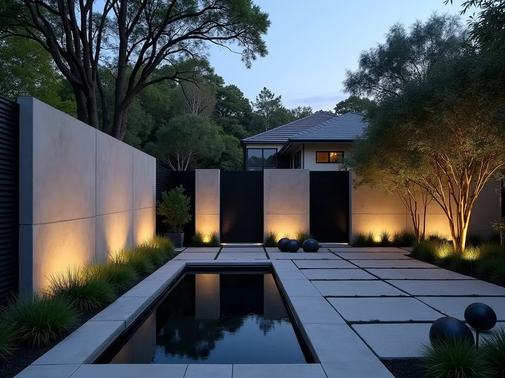 Modern Concrete and Mesh Garden Fence at Twilight - A stunning twilight scene of a contemporary garden featuring sleek, minimalist concrete fence panels with integrated steel mesh sections. The 6-foot-tall panels alternate between solid light gray concrete and black powder-coated mesh, creating a sophisticated rhythm. Modern LED lighting subtly illuminates the concrete sections from below, casting elegant shadows on a manicured zen garden with black bamboo plants. A clean-lined water feature reflects the fence's geometric pattern. Wide-angle view showing the fence's integration with modern landscaping, including architectural grasses and geometric boxwood spheres. The mesh sections provide glimpses of the garden beyond while maintaining security against wildlife.