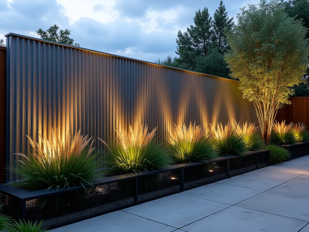 Contemporary Corrugated Metal Garden Fence - A stylish modern garden fence featuring sleek corrugated metal panels in brushed steel finish, rising 6 feet tall against a backdrop of ornamental grasses. The bottom features a black metal mesh barrier extending 12 inches into the ground. Dramatic dusk lighting casts long shadows across a contemporary garden bed filled with architectural plants. Wide-angle view showcasing the industrial-chic aesthetic, with clean lines and minimal design. Japanese forest grass and bamboo sway gently against the metallic surface, while modern geometric planters line the fence's base. The fence transitions seamlessly into a modern outdoor living space with a concrete patio.