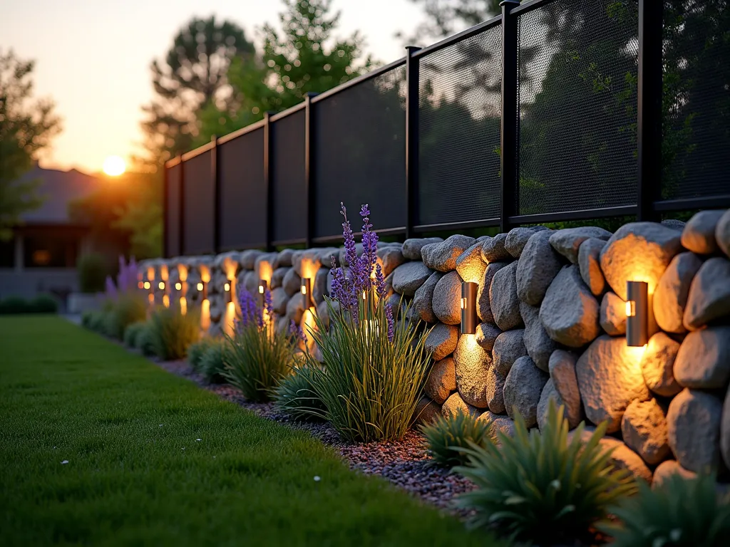 Modern Gabion Stone Wall with Protective Mesh - A stunning twilight shot of a contemporary garden featuring a 4-foot-tall gabion wall fence system, photographed with a wide-angle lens. The wall consists of industrial-grade wire cages filled with carefully arranged natural granite and limestone rocks in varying shades of gray and beige. Fine black mesh extends 2 feet above the gabion structure, creating an elegant barrier. The wall is illuminated by modern LED ground lights, casting dramatic shadows on the textured stone surface. In the foreground, a manicured garden bed features ornamental grasses and lavender, while climbing jasmine begins to weave through the mesh. The composition captures both the architectural strength and aesthetic appeal of this rabbit-proof barrier, with the setting sun creating a warm golden glow in the background. Dew drops on the mesh catch the evening light, adding sparkle to the scene.