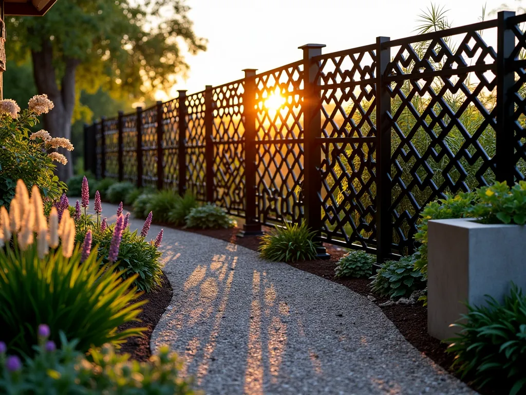 Modern Geometric Metal Garden Fence Art - A stunning garden scene at golden hour featuring a 6-foot tall contemporary metal fence panel with intricate geometric patterns casting artistic shadows on a lush garden path. The custom metalwork displays an elegant pattern of intersecting hexagons and triangles in matte black finish, with small 1-inch openings to prevent rabbit entry. The fence is photographed from a 45-degree angle to showcase both its length and artistic detail, while ornamental grasses and purple salvias sway gently in the foreground. Warm sunset light filters through the geometric cutouts, creating a mesmerizing pattern on the crushed granite pathway. Professional architectural lighting illuminates the fence from below, emphasizing its sculptural qualities. A modern concrete planter with trailing ivy sits nearby, complementing the fence's contemporary design.