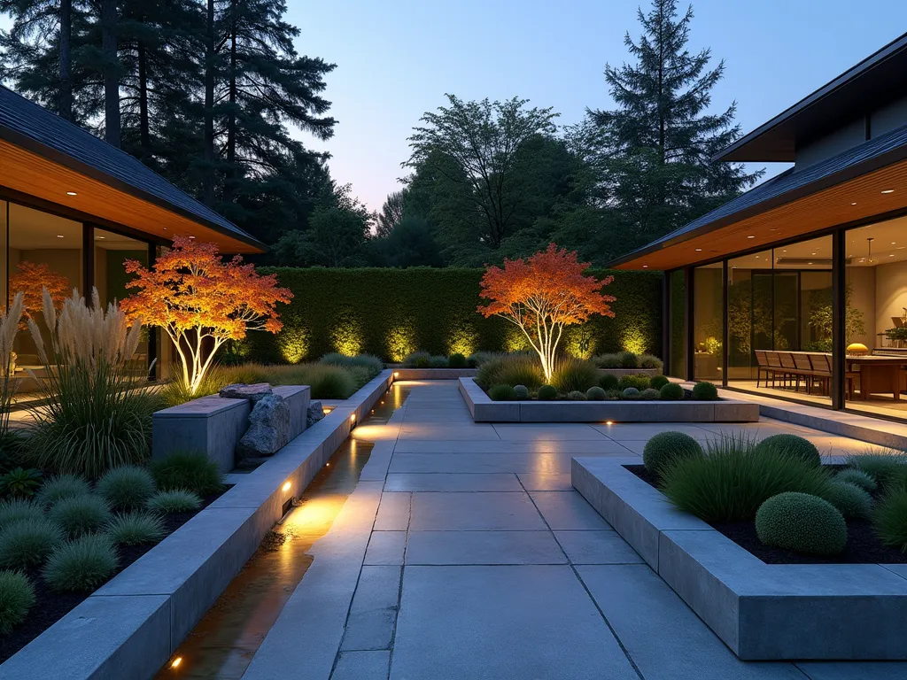 Modern Glass Panel Garden Fence with Protective Base - A stunning wide-angle dusk shot of a contemporary garden protected by elegant frameless tempered glass panel fencing. The 6-foot-tall glass panels are mounted in sleek stainless steel frames, creating a transparent boundary that appears to float above a modern concrete base with integrated fine mesh protection. Soft landscape lighting illuminates architectural plants and a zen water feature behind the glass. The setting sun creates beautiful reflections on the pristine glass surface while showcasing the unobstructed views of the manicured garden featuring Japanese maples, ornamental grasses, and geometric boxwood hedges. The glass panels seamlessly connect multiple garden rooms while providing invisible protection from wildlife.