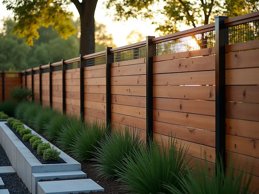 Modern Mixed Material Garden Fence - A sophisticated garden fence photographed during golden hour, combining sleek cedar panels with brushed steel posts and black metal mesh infills. The 6-foot fence features horizontal cedar planks with precise spacing, interrupted by industrial-style metal posts. Fine-gauge metal mesh panels are seamlessly integrated between wood sections, creating a contemporary geometric pattern. Native ornamental grasses and Japanese maples soften the fence line, while modern landscape lighting casts dramatic shadows. Shot with shallow depth of field highlighting the material interplay, with a modern concrete planter in the foreground. Crisp architectural lines and mixed materials create a high-end contemporary aesthetic while maintaining garden security.