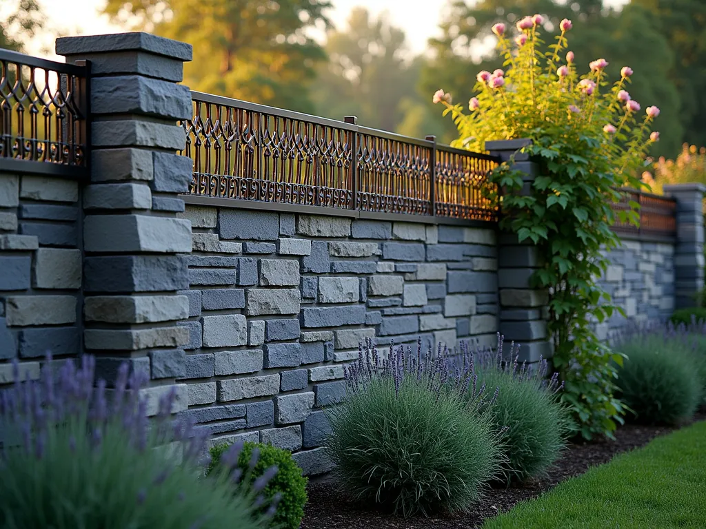 Modern Slate and Wire Garden Fence - A stunning dusk photograph of an elegant garden fence featuring stacked natural slate stones in varying gray tones, rising 3 feet high, topped with decorative bronze-finished wire panels in an artistic geometric pattern. The fence borders a lush perennial garden with lavender and ornamental grasses. Soft golden hour lighting casts long shadows across the textured slate surface, while climbing roses begin to wind through the wire top. Shot from a 45-degree angle to showcase both the solid structure and decorative elements, with a shallow depth of field highlighting the intricate wire details. Professional DSLR capture with natural lighting at f/8, ISO 100, 1/125 sec.