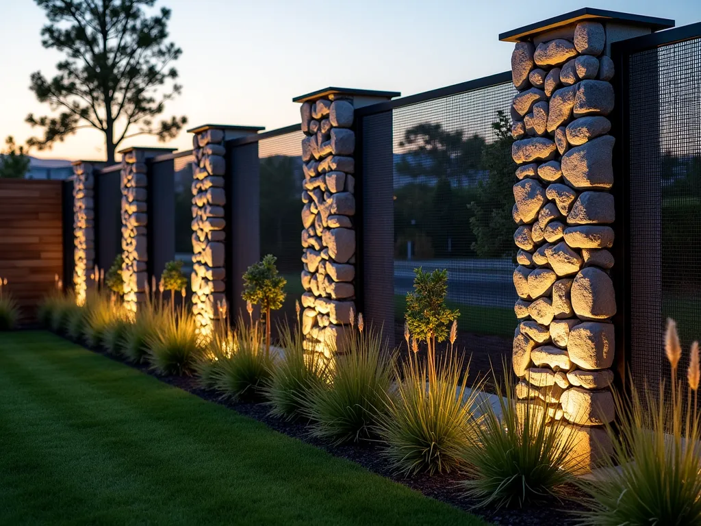 Modern Stone Gabion Fence with Metal Mesh - Wide-angle dusk shot of a contemporary garden fence featuring elegant stone-filled gabion columns connected by sleek metal mesh panels. The 6-foot columns showcase a mix of grey and earth-toned decorative stones meticulously stacked within industrial-grade wire mesh cages. Soft landscape lighting illuminates the columns from below, casting dramatic shadows across a manicured garden. Modern ornamental grasses and architectural plants frame the fence, while the setting sun creates a warm golden glow behind the structure. The professional-grade mesh panels between columns are taut and precisely installed, demonstrating both aesthetic appeal and functional rabbit protection.