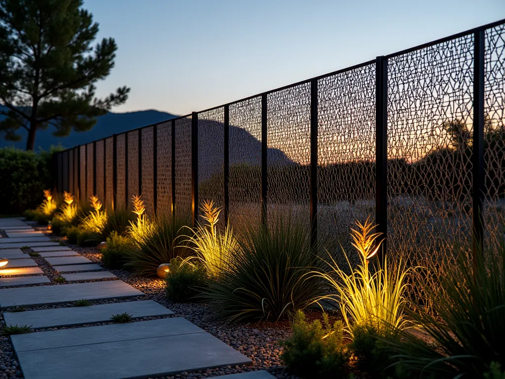 Modern Woven Steel Cable Garden Fence - A stunning dusk photograph of a contemporary garden fence featuring an artistic pattern of interwoven stainless steel cables against fine mesh backing, creating elegant geometric patterns. The 6-foot tall fence frames a modern landscape garden with ornamental grasses and bamboo. Warm evening light casts dramatic shadows through the cable design onto a stone pathway. LED garden lights illuminate the base of the fence, highlighting its sculptural qualities. Ultra-wide angle perspective showing the fence extending along a curved garden bed with Japanese forest grass and black mondo grass providing textural contrast. The metallic cables gleam with golden hour sunlight, while the dark mesh backdrop ensures garden security.