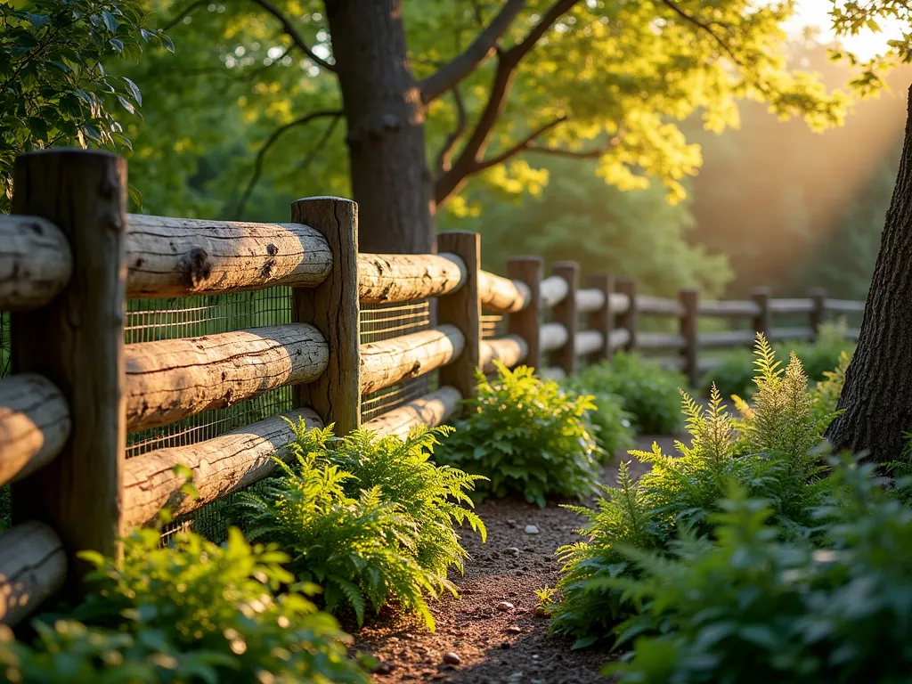 Rustic Log Border with Hidden Mesh - A wide-angle golden hour shot of a charming woodland garden bordered by naturally weathered, horizontally stacked logs creating a 2-foot-high fence. The logs are artfully arranged with subtle variations in size and texture, casting warm shadows across the garden. Behind the logs, barely visible galvanized mesh provides protection while maintaining the natural aesthetic. Native ferns, hostas, and woodland wildflowers soften the border's edge. Dappled sunlight filters through overhead maple trees, creating a magical atmosphere. Shot with shallow depth of field highlighting the rich texture of the bark. Photography style: professional landscaping, high-end garden design, rustic charm.