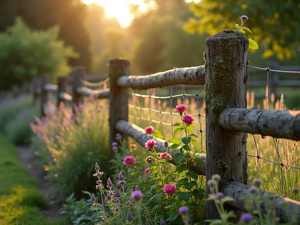 Rustic Log and Wire Garden Fence - A rustic garden fence photographed during golden hour, featuring weathered cedar log posts with horizontal galvanized wire mesh stretching between them. The fence follows a gentle curve through a cottage garden setting, with morning light filtering through the trees. Natural moss and lichen accent the logs, while climbing roses begin to weave through the wire mesh. The fence is surrounded by mixed perennial borders with lavender, echinacea, and native grasses creating a soft, country garden aesthetic. Shot from a low angle with a wide 16mm lens at f/2.8, capturing both the intricate detail of the wire mesh and the organic texture of the log posts, while maintaining a dreamy bokeh effect in the background garden. The warm evening light casts long shadows and highlights the rustic character of the wood.