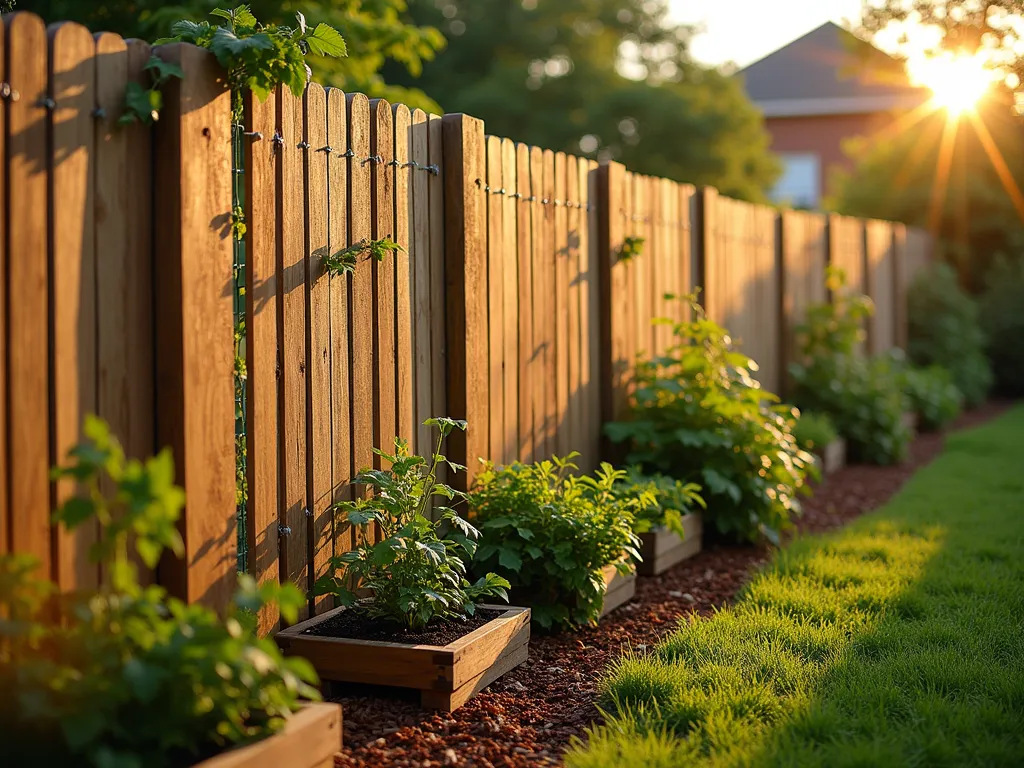 Rustic Pallet Garden Fence with Wire Mesh - A charming garden border featuring weathered wooden pallets transformed into a 6-foot-tall fence, expertly mounted vertically with galvanized wire mesh backing, photographed during golden hour. The pallets are stained in a warm cedar tone, creating an organic backdrop for climbing jasmine vines. Small vegetable garden beds line the base, protected from rabbits. Natural sunlight filters through the slats, casting dramatic shadows across the mulched pathway. Captured with shallow depth of field highlighting the textural details of the reclaimed wood and industrial mesh. Shot from a 45-degree angle to showcase both the functional and aesthetic aspects of this sustainable garden boundary.