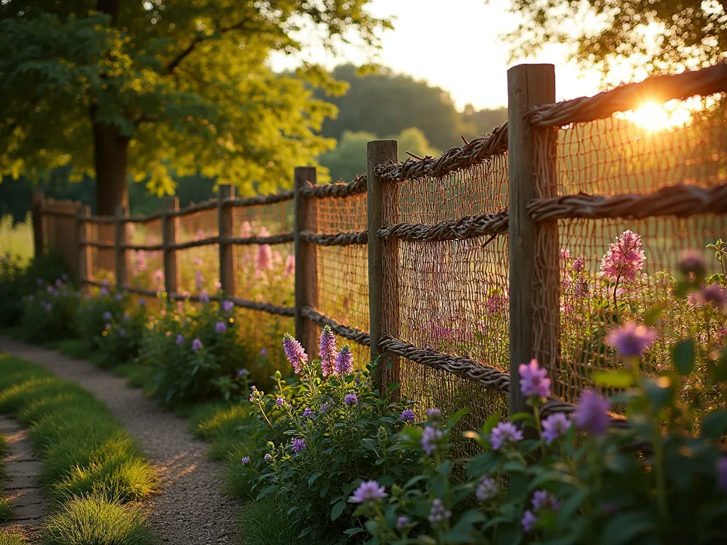 Willow and Wire Garden Fence at Sunset - A beautifully crafted rustic garden fence featuring intricately woven willow panels with subtle wire mesh backing, photographed during golden hour. The 6-foot-tall fence gracefully curves along a cottage garden path, with climbing roses and English lavender softening its base. Dappled sunset light filters through the natural willow weave creating enchanting shadows on the garden path. The careful craftsmanship of the horizontal willow branches creates an organic pattern, while discrete galvanized wire mesh is visible only upon close inspection. Traditional cottage garden plants like foxgloves, delphiniums, and hollyhocks bloom abundantly behind the fence, creating a romantic pastoral scene. Shot in soft focus with shallow depth of field, emphasizing the natural textures of the willow weaving. Weathered wooden posts anchor the fence sections, adding to the rustic charm.