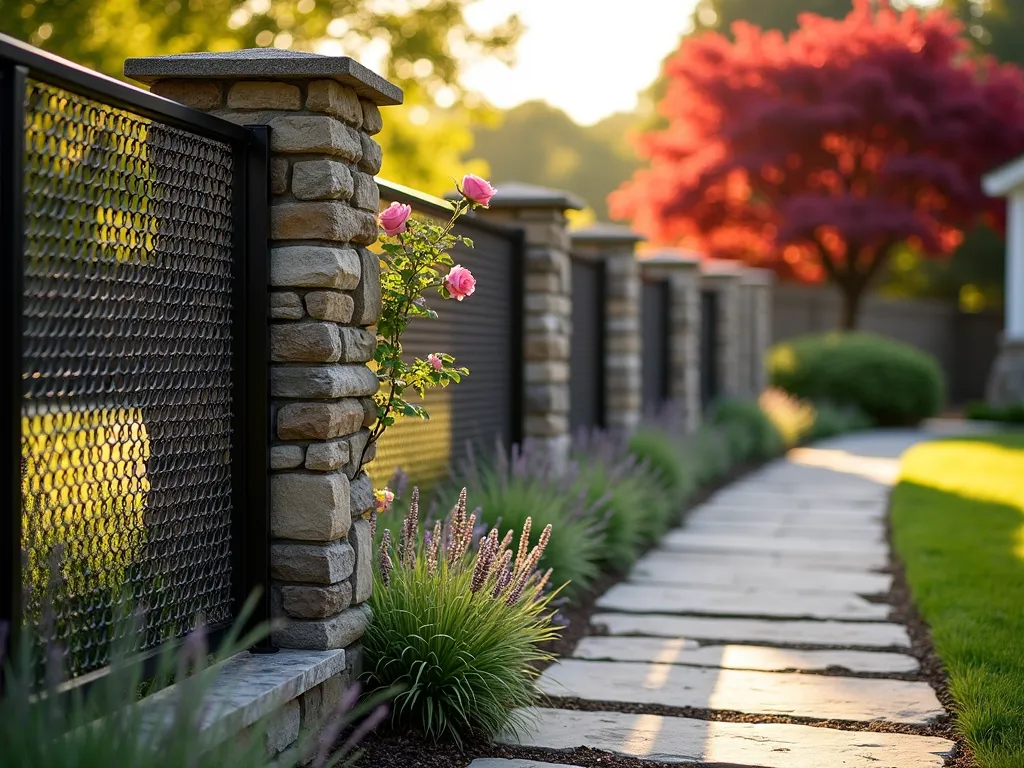 Elegant Stone and Steel Garden Fence - A sophisticated garden fence featuring natural stone pillars with rough-hewn granite texture, connected by sleek black steel mesh panels, photographed during golden hour. The 6-foot-tall fence curves gracefully along a manicured garden path lined with lavender and ornamental grasses. Warm sunlight casts long shadows through the mesh pattern onto the stone pathway below. A climbing rose begins to weave through the steel mesh, while a mature Japanese maple provides a striking burgundy backdrop. Shot at f/2.8 with selective focus on the stone and steel intersection, creating a dreamy bokeh effect in the background garden. Wide-angle perspective showcasing the fence's integration with the landscape design.