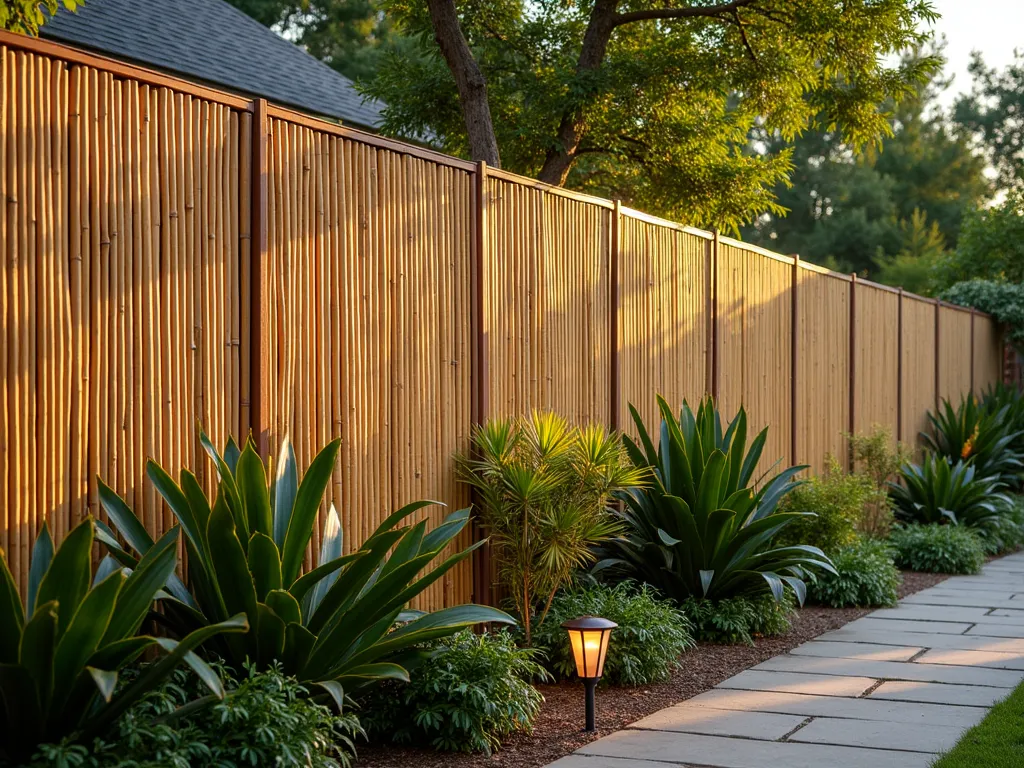 Tropical Reed Garden Fence with Hidden Protection - A stunning garden scene at golden hour featuring a 6-foot tall natural reed fence screen with delicate bamboo stems arranged vertically, creating a sophisticated tropical backdrop. Behind the reeds, a subtle galvanized mesh provides invisible protection. The fence borders a lush garden bed filled with tropical plants including bird of paradise, elephant ears, and ornamental grasses. Soft evening sunlight filters through the reeds casting intricate shadow patterns on the garden path. Shot with a wide-angle perspective showing the full height and length of the fence, with decorative copper solar lights illuminating the base. The natural texture and warm tones of the reed screening create an exotic, resort-like atmosphere while maintaining practical garden protection.