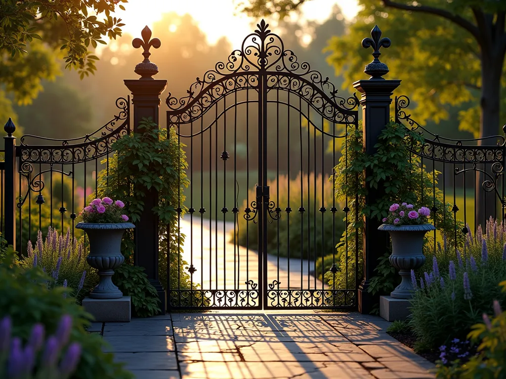 Victorian Iron and Mesh Garden Fence at Dusk - A stunning Victorian-style iron fence photographed at dusk in a lush garden setting. The ornate black iron fence features intricate scrollwork, fleur-de-lis finials, and delicate mesh panels seamlessly integrated between the decorative posts. The fence elegantly curves along a manicured garden path, with climbing roses and English lavender softening its appearance. Golden hour lighting casts long shadows through the ironwork, creating mesmerizing patterns on the slate pathway. The fine mesh is barely visible but provides essential protection, while classical garden urns with trailing ivy flank the matching gate. Shot with shallow depth of field focusing on the detailed ironwork, with the background garden softly blurred. Captured with a 16-35mm lens at f/2.8, ISO 400.