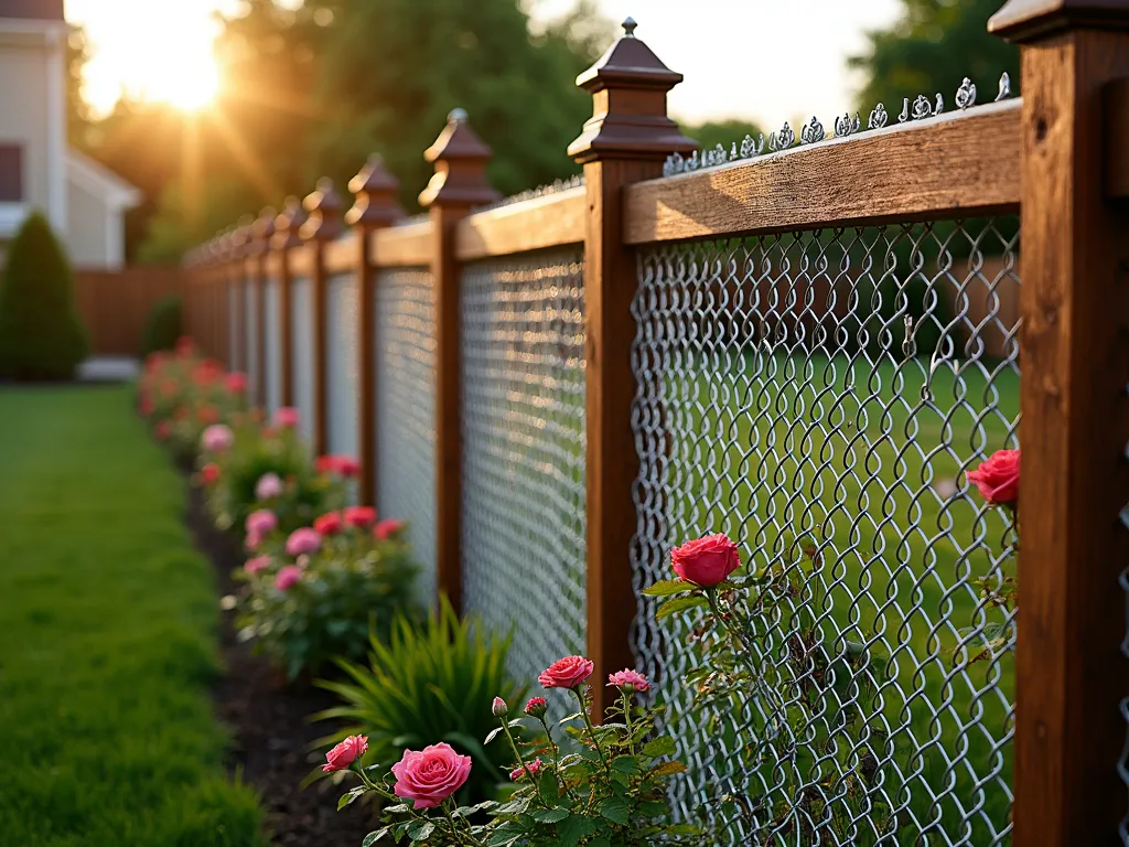 Elegant Wooden-Framed Chain Link Garden Fence - A beautifully crafted garden fence featuring galvanized chain link mesh elegantly framed by rich cedar posts and top rails, photographed during golden hour. The 6-foot tall fence stretches along a lush garden border with flowering perennials. Ornate post caps add architectural detail while climbing roses begin to weave through the chain link. Wide-angle view captures the fence's seamless integration with the landscape, while dramatic shadows cast by the wooden frame elements create visual interest. Natural weathering of the wood contrasts beautifully with the silver chain link material, creating a sophisticated barrier that's both functional and aesthetically pleasing.