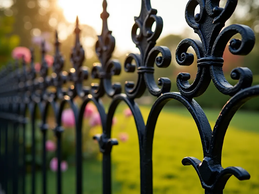 Elegant Wrought Iron Garden Fence with Scrollwork - A close-up view of an elegant black wrought iron garden fence at golden hour, featuring intricate Victorian-style scrollwork patterns and delicate spiral designs. The ornate metalwork is backed with fine black mesh, barely visible behind the decorative elements. The fence stands 6 feet tall against a blurred background of a formal English garden with blooming roses and lavender. Soft evening sunlight filters through the ironwork, casting intricate shadow patterns on the manicured lawn. The craftsmanship of the fence showcases detailed fleur-de-lis finials and graceful curved elements, combining both beauty and functionality in protecting the garden.