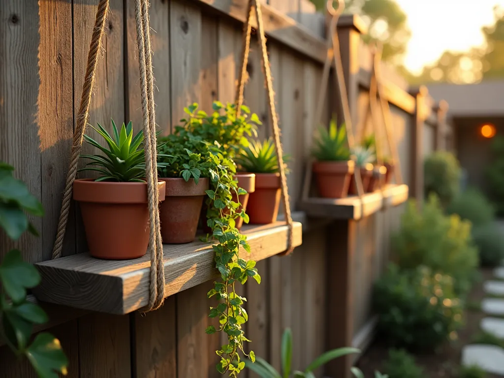 Bohemian Rope Shelf Garden Sanctuary - A close-up view of a rustic wooden fence at golden hour, featuring hanging rope shelves made from weathered cedar planks suspended by natural jute ropes. The shelves display an array of potted succulents, trailing ivy, and small terra cotta pots with herbs. Soft evening sunlight filters through the plants, creating gentle shadows on the fence. The shelves gently sway in the breeze, with macramé details adorning the rope connections. The background shows a blurred garden setting with string lights and natural landscaping. Photorealistic, high detail, warm ambient lighting, bohemian garden style.