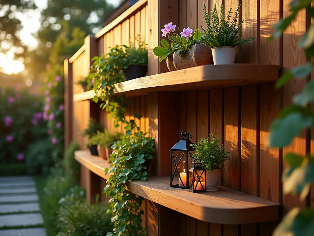 Curved Corner Garden Fence Shelving at Sunset - A close-up perspective of an elegant wooden fence corner featuring custom-curved floating shelves that gracefully wrap around a 90-degree angle, photographed during golden hour. The warm sunset light casts gentle shadows across the rich cedar wood shelving. The curved shelves showcase an artful display of cascading potted plants, including trailing ivy, delicate ferns, and blooming orchids. Small vintage-style copper lanterns are interspersed between the plants, creating a cozy atmosphere. The shelving design transitions seamlessly around the corner, with each tier slightly offset to create visual interest. The background shows a soft-focused garden with climbing roses on the fence and a natural stone pathway below.