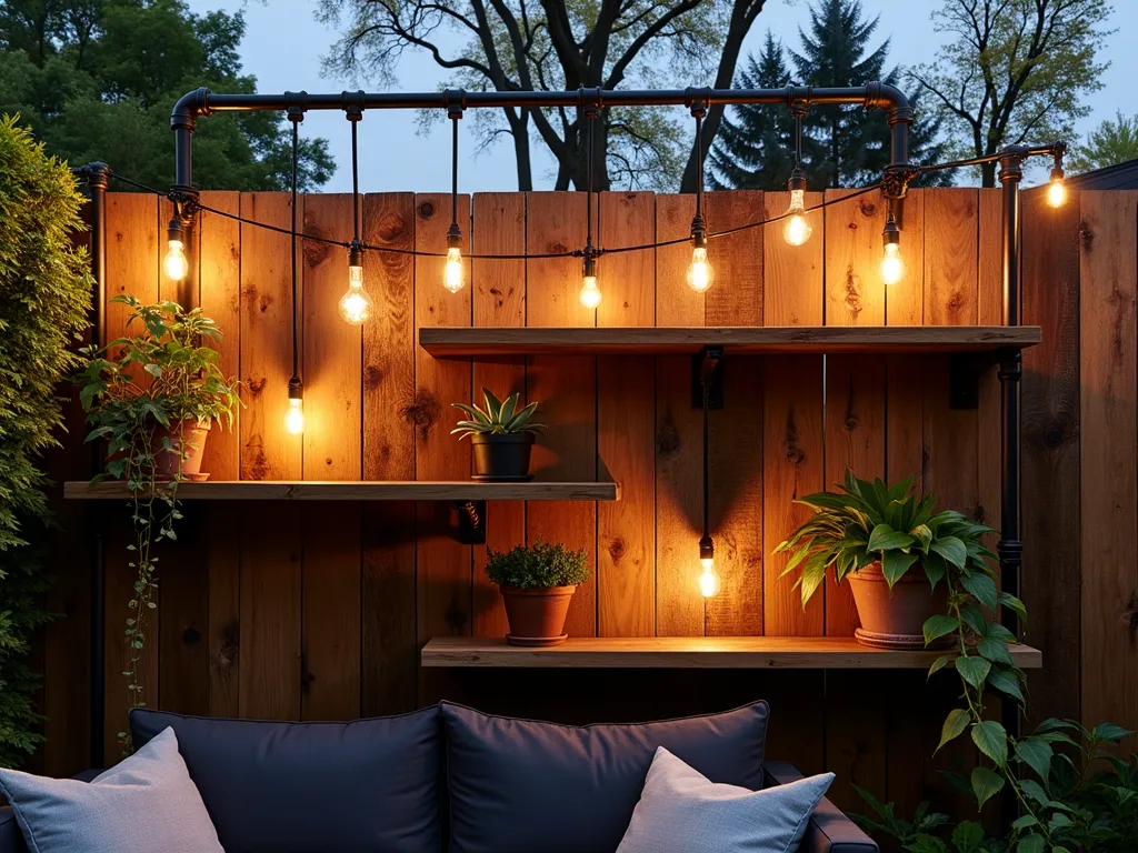 Industrial Pipe and Wood Garden Fence Shelving - A stunning dusk photograph of a modern garden fence featuring an industrial-style shelving system, captured with a medium-wide angle lens. Black iron pipes form a geometric grid pattern against weathered cedar fence panels, supporting thick reclaimed barn wood shelves with rich patina. Vintage-style Edison bulb string lights cast a warm glow across the scene. The shelves showcase a curated display of trailing pothos, rustic terra cotta pots with succulents, and industrial artifacts. Metal pipe brackets extend perpendicular to the fence, creating depth and shadow play. Soft evening light filters through nearby maple trees, while copper solar lanterns on the top shelf add ambient lighting. A modern outdoor sofa with charcoal cushions sits partially in frame below, creating perspective. The composition balances industrial rawness with organic elements in a dramatic garden setting.